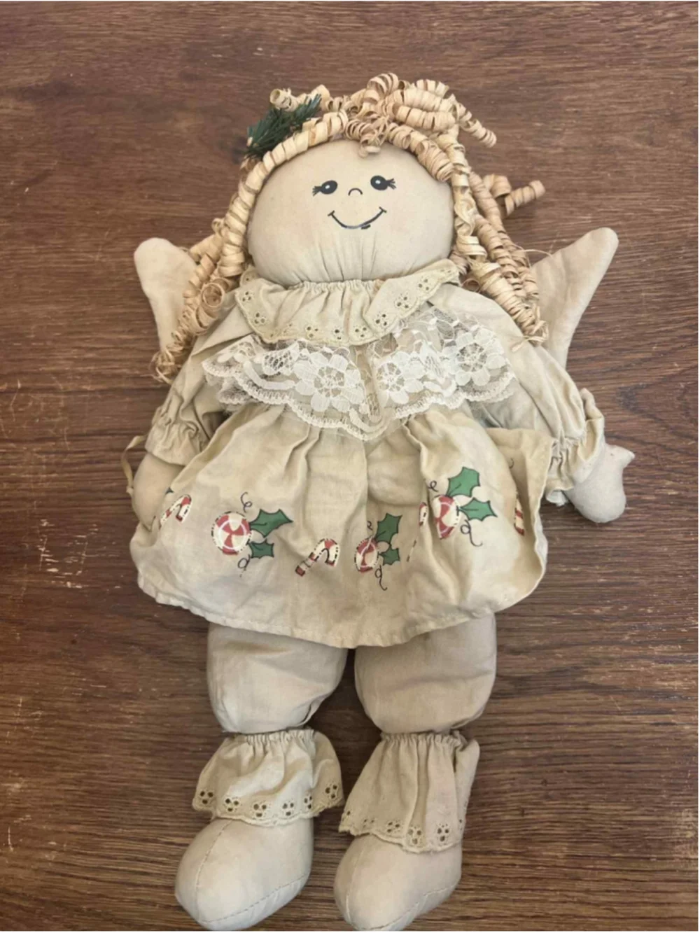 Vintage Christmas Angel Rag Doll Straw Hair Curls Muslin Body Lace Dress Candy